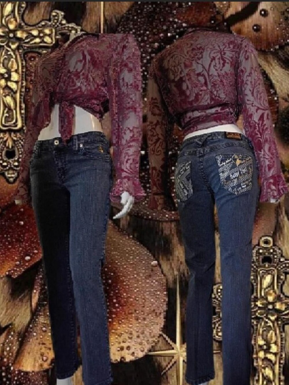 Y2K Baby Phat Dark Blue Denim Low Rise Boot Cut Jeans W/Painted Back Pockets 5